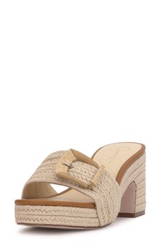 An oversized buckle details the vamp of an espadrille-inspired slide sandal lifted by a jute-wrapped platform and block heel. 3" heel; 3/4" platform Textile upper/synthetic lining/rubber sole Imported Beige Sandals With Tang Buckle For Spring, Straw Open Toe Wedge Sandals With Buckle Closure, Vacation Espadrilles With Buckle Closure, Straw Wedge Sandals With Buckle Closure For Summer, Summer Straw Wedge Sandals With Buckle Closure, Open Toe Buckle Espadrilles For Summer, Summer Open Toe Espadrilles With Buckle, Chic Open Toe Espadrilles With Buckle Closure, Chic Beach Espadrilles With Buckle Closure