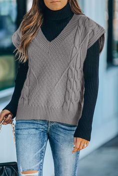 Gray V-neck Twist Knitted Vest Sweater V-neck Knit Top For Winter Layering, V-neck Cable Knit Outerwear For Layering, Knitted V-neck Sweater For Winter, Gray V-neck Sweater For Fall Layering, Cozy V-neck Knit Top For Fall, Cozy V-neck Sweater Vest For Fall, Casual V-neck Cable Knit Sweater Vest, Solid V-neck Chunky Knit Cardigan, Trendy V-neck Knit Top For Fall