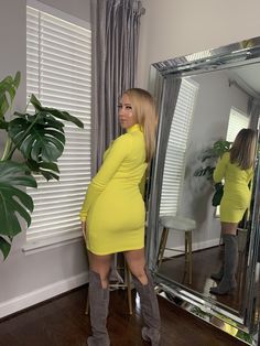 This ribbed dress is super simple. Long sleeve half neck fitted dress Model is wearing a medium Jeans Outfit Women, Yellow Mini Dress, Ribbed Dress, Outfit Women, Jeans Outfit, Lolita Dress, Super Simple, Dressed Down, Model Dress