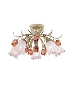 a chandelier with flowers hanging from it's center and leaves on the bottom