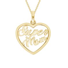 Super Mom Open Heart Pendant Necklace It doesn't have to be Mother's Day to celebrate the moms in your life. This pendant necklace makes the perfect gift for new moms and soon-to-be mothers. This dainty piece is perfect to wear on it's own or wear it with your favorite layering pieces making it perfect for everyday. Product Information:Metal: Yellow Gold, Rose Gold, White Gold and Sterling Silver Gold Purity and Weight: 10K Gold - 1.3g., 14K Gold - 1.4g., 925 Sterling Silver - 1.2g. SKU: M1915 M Cadmium-free Necklace For Mother's Day Gift, Personalized Open Heart Charm Necklaces For Mother's Day, Mother's Day Personalized Pendant Necklace, Anniversary Hallmark Charm Necklace For Mother's Day, Hallmarked Yellow Gold Heart Necklace For Mother's Day, Engraved Open Heart Charm Necklace For Mother's Day, Mother's Day Charm Necklaces, Engraved Charm Necklaces For Mother's Day, Mother's Day Necklace With Heart Pendant