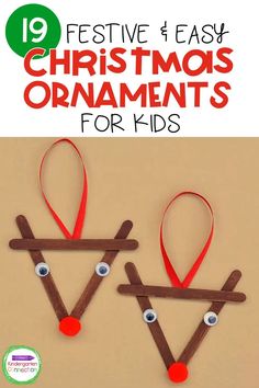 These easy DIY ornaments are fun for kids to make and perfect for gifting to families! These crafts are simple, inexpensive, and classroom-friendly! Reindeer Popsicle Stick Ornament, Popsicle Stick Reindeer, Christmas Ornaments Kids Can Make, Preschool Christmas Ornaments, Ornaments Kids Can Make, Simple Christmas Ornaments, Stick Reindeer, Easy Diy Ornaments, Kindergarten Christmas Party