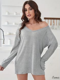 Eromis - Premium Plus Size Lounge Top for Women - Solid Ribbed Knit, Long Sleeve V-Neck Sleepwear with Sexy Appeal and Comfortable Design Gray Ribbed V-neck Top, Solid Color V-neck Top For Loungewear, Solid Color V-neck Loungewear Top, Plus Size Lounge, Lounge Top, Comfortable Design, Knit Long Sleeve, Top For Women, Top Fabric