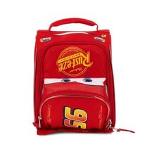 a red backpack with cars on it