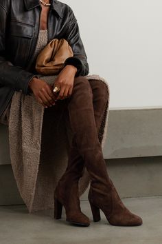 Stuart Weitzman's 'Highland' boots tick off two huge trend for Fall '23 - the over-the-knee profile and chocolate-brown color. One of the brand's most popular styles, they are set on a comfortable but elongating block heel and made from stretchy suede so they're easy to get on and off. Luxury Suede Knee-high Boots For Winter, Luxury Brown Knee-high Boots With Suede Lining, Luxury Suede-lined Knee-high Boots, Luxury Wide Calf Suede Boots, Luxury Ankle-high Chic Chelsea Boots, Luxury Suede Lined Knee-high Boots For Women, Over The Knee Camel Boots, Luxury Leather Lined Knee-high Boots For Fall, Luxury High-top Chelsea Boots Casual Style