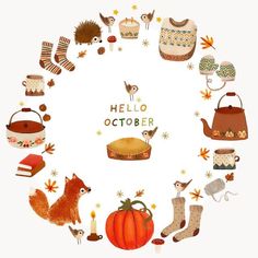 an autumn card with the words hello october surrounded by fall items and animals, including pumpkins, leaves, acorns, mittens