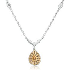 Journey through the heart of elegance with the Pear-shaped Yellow Diamond Necklace. This exquisite piece of fine jewelry is a testament to timeless beauty and sophistication. Whether you're dressing up for a special occasion or adding a touch of luxury to your everyday look, this necklace will never fail to impress.At its center, a mesmerizing 0.37 carat yellow pear-shaped diamond takes the spotlight, radiating a warm and inviting glow. The brilliance of this fancy yellow diamond is further enhanced by a halo of white accent diamonds that gracefully extend up the chain, creating an aura of unmatched opulence.Crafted with precision and attention to detail, this necklace boasts a length of 20.75 inches, ensuring it drapes elegantly around your neckline. The use of 18K white gold as the prima Yellow Diamond Necklace, Fancy Yellow Diamond, Yellow Jewelry, Diamond Birthstone, Diamond Settings, Yellow Gold Chain, Pear Diamond, Pear Shaped Diamond, Yellow Diamond