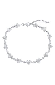 A chain bracelet crafted from heart-shaped links is highlighted by bright polish and faceted cubic zirconia. Lobster clasp closure Sterling silver or sterling silver/goldtone plate/cubic zirconia Imported Heart Chain Bracelet, Bracelet In Silver, Heart Chain, Designer Crossbody Bags, Bracelet Crafts, Keep Jewelry, Fine Jewellery Earrings, Summer Accessories