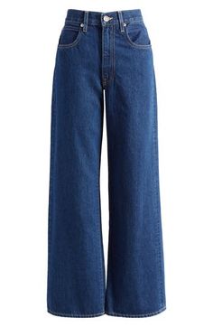 These wide-leg jeans are crafted from nonstretch, organic-cotton denim and finished in a classic blue wash for a look both fresh and timeless. 31" inseam; 21" leg opening; 11 1/2" front rise; 15 1/2" back rise (size Medium) Zip fly with button closure Five-pocket style 100% organic cotton Machine wash, tumble dry Made in the USA of imported fabric Dark Blue Straight Leg Jeans, Cute Jeans For Women, Jeans Png, Denim Wide Leg Pants, Wide Leg Pants Jeans, Italian Summer Outfits, Wide Leg Jeans Outfit, Wide Legged Jeans, High Waist Wide Leg Jeans