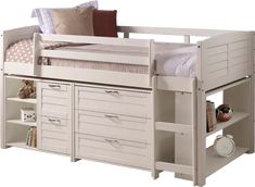 there is a white bunk bed with drawers on the bottom and an open shelf below it