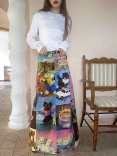 Material: 100% Cotton Model: 167cm/44kg Wearing size S Cat Cake Birthday, Cute Cat Cake, Casual Long Skirt, Maximalism Fashion, Long Skirt Casual, Clueless Outfits, Cat Cake, Half Skirt, Kawaii Fashion Outfits