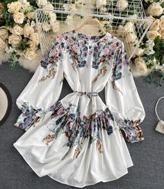 Cute A line floal dress long sleeve dressFabric: blendedColor: whiteSize(cm): free sizelength 87 bust 94 waist 86 Simply Dress, Comfy Dresses, Bishop Sleeve, Dress Long Sleeve, Printed Ties, Dress Long, Dress Fabric, Pretty Dresses, Sleeve Dress