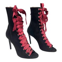 TABITHA SIMMONS Black Suede Burgundy to Red Lace Up Peep Toe Heel Booties  NEW WITH TAGS AND BOX SIZE 37 STUNNING Statement Bootie Slightly above ankle Zippers in back 4" Heel Silver tone hardware and rivets STEAMPUNK BLACK BOOTIES  GOTHIC BLACK BOOTIES Red Lace-up Heels With Reinforced Heel, Evening Lace-up Heels With Red Sole, Red Open Toe Fitted Boots, Fall Lace-up Heels With Red Sole, Red Fitted Open Toe Boots, Fitted Red Open Toe Boots, Red Lace-up Heels For Evening, Party Boots With Red Sole And Lace-up Design, Burgundy Ankle Boot Heels For Party