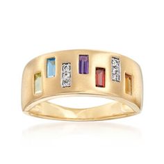 Ross-Simons - .50ct t.w. Multi-Gem Ring, Diamond Accents in 14kt Yellow Gold. Size 5. Opt for a retro look with this stylish multi-gem ring, featuring .50 ct. t.w. emerald-cut garnet, blue topaz, peridot, citrine and amethyst with diamond accents. Set in satin and polished 14kt yellow gold. 1/4" wide. Multi-gem ring. Multi Gem Ring, Stone Bead Jewelry, Peridot Color, Multi Gemstone Ring, Topaz Color, Peridot Stone, Amethyst Gem, Ring With Diamond, Gem Ring