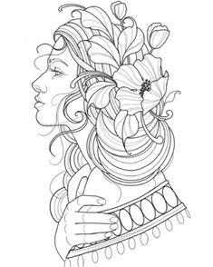 a drawing of a woman with flowers in her hair