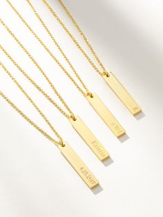 Not only is our Vertical Bar Necklace a timeless piece, but it’s also engravable! Make this chain and pendant necklace personal to you by engraving a special date, name, a sweet message, or anything else you want on it. This engravable necklace can fit up to 10 characters on one line, front and back. | Gold Vertical Bar Engravable Necklace | Personalized Jewelry | Women's Jewelry by Uncommon James Elegant Engraved Charm Necklaces With Rectangular Pendant, Elegant Engraved Charm Necklace With Rectangular Pendant, Classic Everyday Customizable Necklaces, Classic Everyday Customizable Necklace, Classic Personalized Necklaces For Anniversary Gift, Classic Personalized Necklace For Anniversary Gift, Elegant Rectangular Bar Necklace For Personalized Gift, Elegant Personalized Rectangular Name Necklace, Classic Name Necklace Pendant For Everyday