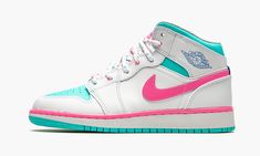 the nike air jordan 1 mid is available in white, pink and blue with turquoise accents