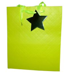 a green shopping bag with a black star on it