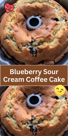 blueberry sour cream coffee cake in a bundt pan with the bottom cut off