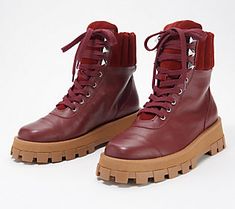 Add an edgier look to your denim or dresses with these leather lace-up hiker boots (and we're absolutely loving that lug-sole look!). From Schutz. Schultz Shoes, Hiker Boots, Edgy Look, Danner Mountain Light Boot, Lug Sole, Leather Lace, Red Brown, Red Fashion, Lace Up Boots