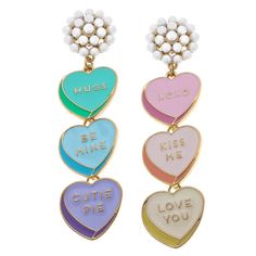 Our limited-edition curated Valentine earrings offer fun-loving designs, to stylishly carry you through the loving season. Our Conversation Heart Enamel Drop Earrings in Multi make a great gift as well! DETAILS: • Enamel Material & Base Metal with Worn Gold Plating • 2.7" Length Valentine Earrings, Conversation Heart, Valentines Earrings, Valentines Roses, Conversation Hearts, Enamel Beads, Converse With Heart, Pearl Cluster, Heart Drop Earrings