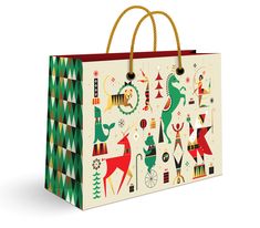 a shopping bag with christmas designs on it