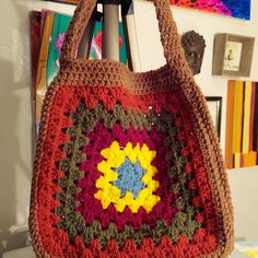 Large Granny Square With Strap Granny Square Book Bag/Tote - 12 X 12 Inches, 20 Inches With Strap Everyday Multicolor Crochet Bucket Bag, Everyday Multicolor Crochet Satchel Bag, Colorful Crochet Bag For Everyday Use, Everyday Multicolor Crochet Bag, Colorful Square Shoulder Bag For Everyday, Vintage Rectangular Crochet Bag For Everyday, Vintage Multicolor Crochet Bag For Daily Use, Handmade Retro Square Shoulder Bag, Everyday Colorful Bohemian Shoulder Bag