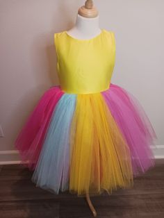 Unicorn Tulle Dress  Satin Tulle  Cotton Linng Back Zipper Yellow Tulle Dress For Dress-up Occasions, Yellow Tulle Formal Dress, Sleeveless Spring Tutu Dress For Costume Party, Multicolor Tulle Skirt Summer Dresses, Spring Princess Dress With Tulle For Costume Party, Spring Princess Dress In Tulle For Costume Party, Spring Tulle Princess Dress For Costume Party, Whimsical Summer Dress With Tulle Skirt, Whimsical Summer Tulle Dress