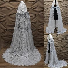 three different views of a white wedding gown with black lace on the cape and hood