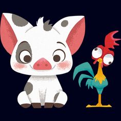 an animal with big eyes and a rooster standing next to it on a black background