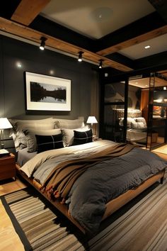 a large bed sitting in the middle of a bedroom next to two lamps on either side of it