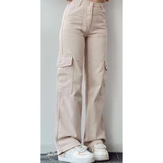 Apricot Mid-waist Pocket Overalls Casual Pant Mid-rise Beige Cargo Jeans With Side Pockets, Beige Cargo Bottoms For Fall, Beige Cargo Jeans With Side Pockets, Beige Cargo Pants With Pockets For Fall, High-waist Spring Cargo Pants With Pockets, Spring Khaki Pants With Flap Pockets, Beige Wide Leg Cargo Pants With Pockets, Beige Full-length Cargo Jeans For Spring, Baggy Khaki Bottoms With Flap Pockets