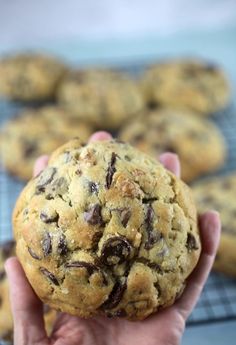 a person holding up a chocolate chip cookie