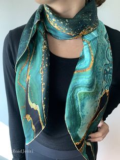 Pure Natural Mulberry Silk Scarf 35 X 35 Square Silk Scarf Turquoise Green Gold Silk Neck Scarf Head Scarf Hair Scarf Silk Shawl Gift - Etsy Elegant Green Summer Scarves, Elegant Green Scarves For Summer, Formal Green Silk Scarf, Green Silk Scarf For Formal Occasions, Bohemian Green Silk Scarves, Formal Green Silk Scarves, Green Silk Shawl Scarf, Elegant Green Scarves As Gifts, Elegant Green Scarf As Gift