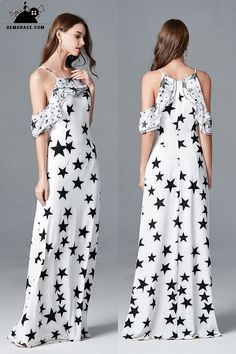 White Full Length Spring Dresses, White Printed Floor-length Dress, Summer Full Length Floral Print Dress, Summer Floral Print Full-length Dress, Sleeveless Star Print Spring Dress, Fitted Star Print Dress For Spring, Fitted Star Print Spring Dress, Yellow Prom Dress, Trendy Dress Styles