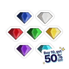 six different colored diamond stickers on white background