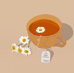 a painting of a cup of tea and daisies with a price tag on it