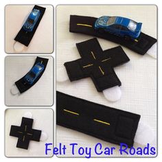 there is a car on the road made out of felt and some other things to sew