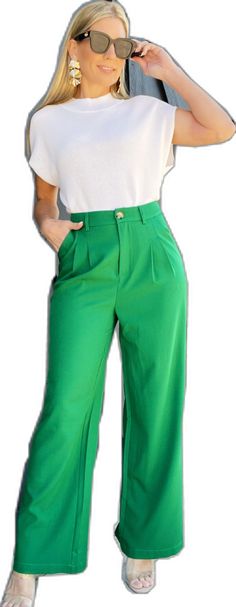 Fashion Forward Straight Leg Pants-Kelly Green - Infinity Raine Green Wide-leg Office Pants, Green Wide Leg Dress Pants For Office, Elegant Green Bottoms With Pockets, Elegant Green Wide Leg Pants With Pockets, Green Wide Leg Pants For Work, Green Straight Pants For Work, Green High-waisted Wide Leg Pants For Office, Chic Green Dress Pants For Office, Green Wide Leg Bottoms For Office