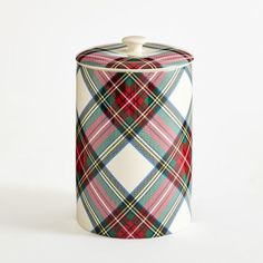 a canister with a plaid pattern on it