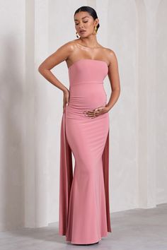 Pink Strapless Bridesmaid Gown, Strapless Pink Bridesmaid Gown, Strapless Pink Maxi Dress For Prom, Pink Floor-length Strapless Bridesmaid Dress, Elegant Pink Maternity Dress For Party, Pink Strapless Prom Maxi Dress, Pink Strapless Maxi Dress For Bridesmaids, Elegant Pink Maxi Maternity Dress, Pink Maxi Maternity Gown