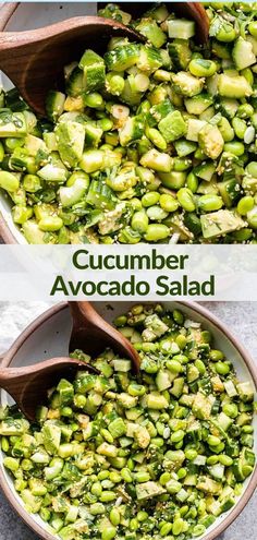 two pictures showing the process of making cucumber avocado salad