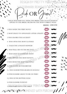 the bride's bridal checklist is shown in black and white, with pink lipstick