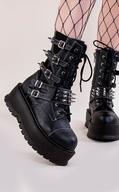 SLACKER-165 Vegan Leather Ankle Boots-Demonia-Tragic Beautiful Punk Boots Aesthetic, Alt Platform Boots, Metal Outfits Women, Alt Boots, Boots With Spikes, Gothic Platform Boots, Metal Boots, Sepatu Platform, Platform Boots Outfit