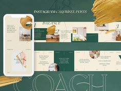 an instagram ad for interior and furniture postcards with gold foil on the front