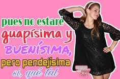 a woman wearing a black dress with spanish writing on it and an image of her hands behind her head