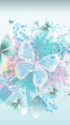 an abstract background with butterflies and paint splatters in blue, green, pink and white colors