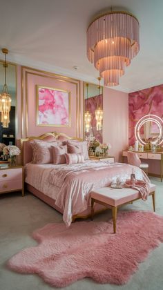 a bedroom decorated in pink and gold with a chandelier hanging from the ceiling