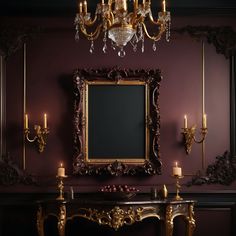 a table with candles and a mirror on it in front of a chandelier