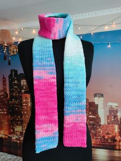 Pink and blue skinny simple knit scarf Length: 64 inches (162 cm) Width: 3.2 inches (8 cm) - adult/teen size - unisex - acrylic yarn - classic Stockinette Stitch - gently hand wash and dry flat or machine wash and dry on delicate cycle, but beware that machine washing can sometimes result in pilling of the fabric. Thank you for supporting handmade! ❤️ Pink and Blue Skinny Knit Scarf Handmade Double Layered Bright Colorful Knitted Accessory Knit Scarf, Soft Scarf, Double Layered Scarf, The Stocki Blue Knitted Yarn Scarves, Blue Knitted Yarn Scarf, Casual Blue One Size Knitting Pattern, Trendy Blue Winter Scarves, Blue Knitted One-size Scarf, Blue Knitted Scarves One Size, Blue Knitted Scarf One Size, Blue Knitted Scarf, One Size, Blue Hand Knitted Scarf